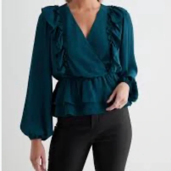 Express Teal Ruffle Wrap Peplum Blouse NWT - Picture 1 of 7